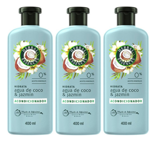 3 Acondicionador Herbal Essences Hidrata Agua De Coco 400ml