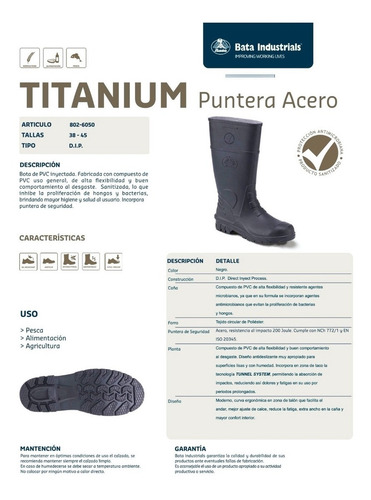 Bota Bata Titanium Pvc Hule Negra Casquillo Industria Lluvia