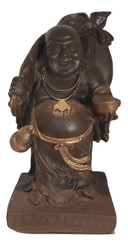 Escultura De Buda Sorrindo Em Resina Cor Marrom Com Dourado