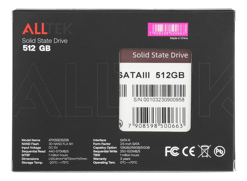 Disco Solido Interno 512gb Alltek 2.5 Sata Ill 512gb Preto Cor Preto 512GB