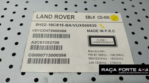 Radio C/ Leitor Cd Land Rover Discovery 3 04 A 09- Vux500530 (Usado)