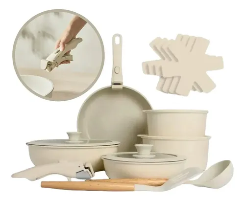 Jogo De Panelas 17 Peças Fogão Indução Elétrico Gás Conjunto Com Tampa De Vidro Cabo Removível Antitérmico​ Kit Utensílios De Cozinha Revestimento Cerâmica Soft Touch Cor Bege Sayonara