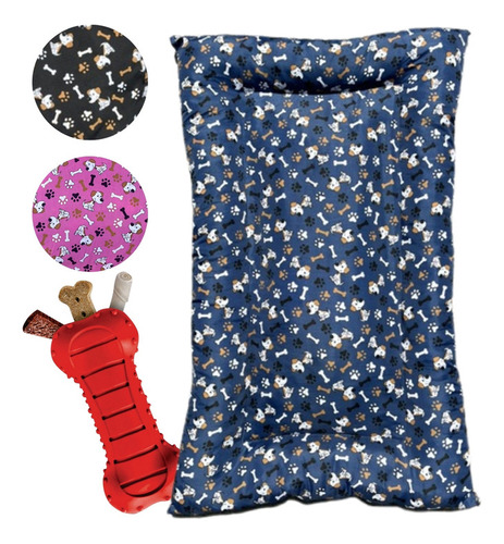 Cama Para Cachorro Grande 100x70 Kit Brinquedo Mordedor Pet Cor Azul