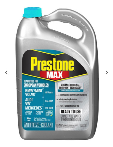 Prestone Antifreeze/coolant 50/50 European Teal Color Calips