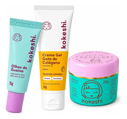 Kit Facial Kokeshi Completo 3 Passos Olhos de Gueixa, Pele de Porcelana e Gota de Colágeno