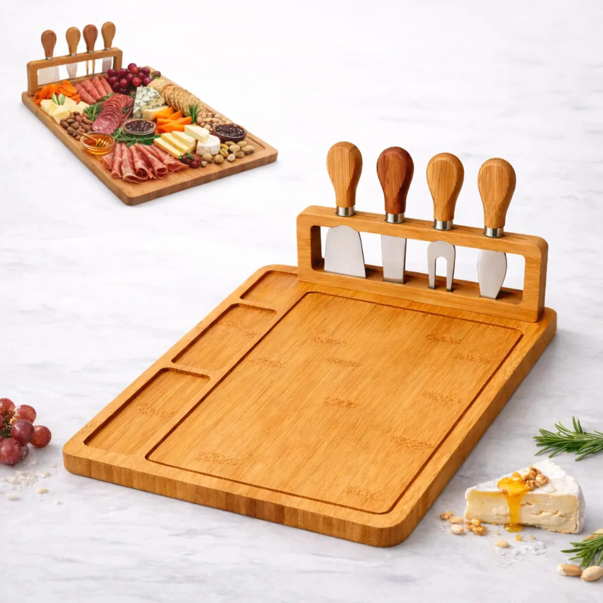 Kit Tábua De Frios E Queijos Grande Bambu 40cm + Jogo De Facas 4 Peças Petisqueira Para Servir Mesa Posta Gourmet Encontro Familiar Romântico Premium E Ecológica