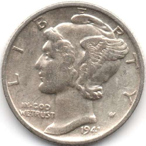 1941 S Dime Mercurio Diez Centavos 10c Au Moneda Plata Rara