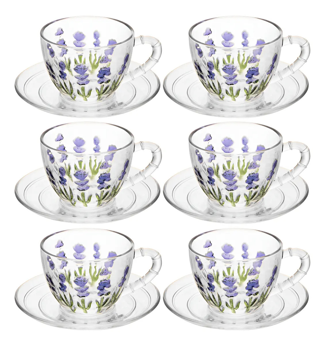 Kit 6 Xícaras 80ml ﻿Lavanda Cristal Hand Painting Mesa Posta ﻿Transparente Lavanda