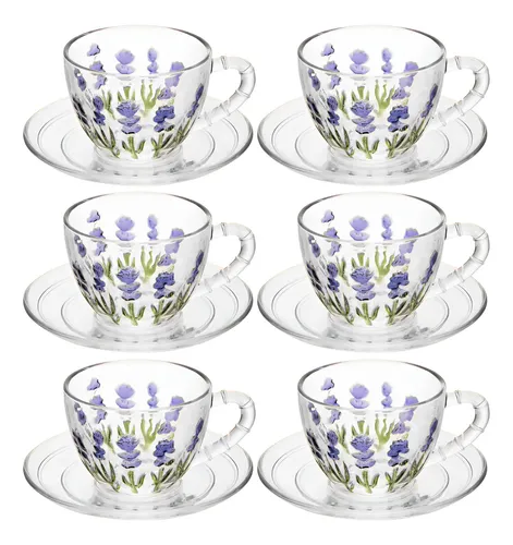 Kit 6 Xícaras 80ml Lavanda Cristal Hand Painting Mesa Posta Transparente Lavanda