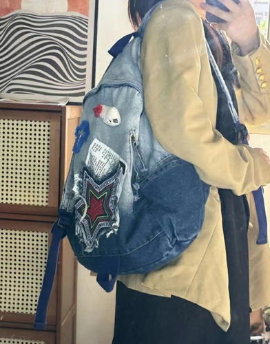 2025 Mochila De Mezclilla For Estudiantes Con Bloques De Color