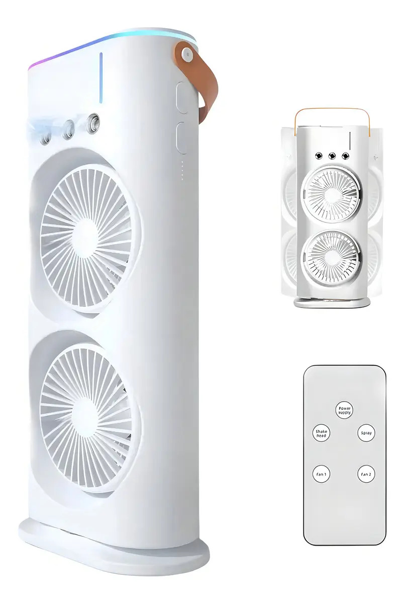Ventilador Doble Con Humidificador Aire Frio Luz Y Control