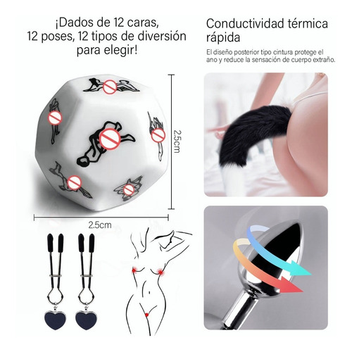 Plug Anal Cola De Zorro Metalico+orejas+dados Sexuales 6pzs