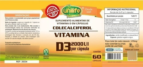 Imagen 2 de 2 de Vitamina D3 Colecalciferol 60 Caps - 1 X Dia 2000 Ui Unilife