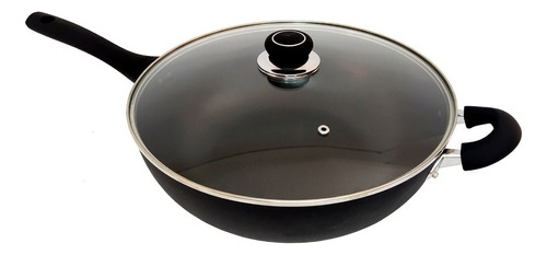 Wok Teflon 32cm Antiadherente Tapa Vidrio C/evaporizador Bz3 Color Negro