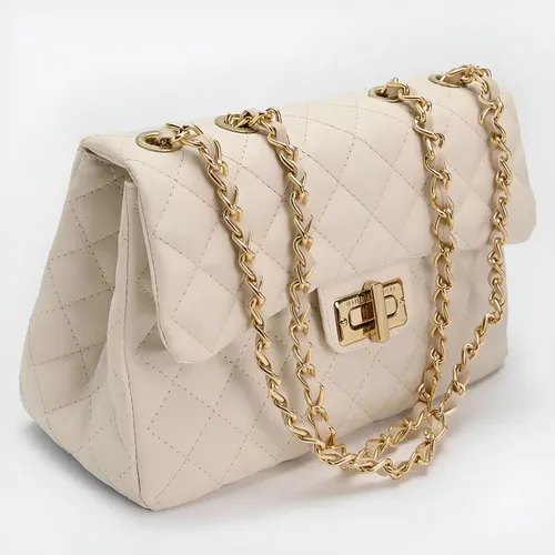 Bolsa Feminina Transversal Ombro Alça de Corrente Lateral Média Grande Espaçosa Tiracolo Matelassê Bordada Casual Dia a Dia Trabalho Executiva Faculdade Viagem Casamento Classica Elegante Off-White