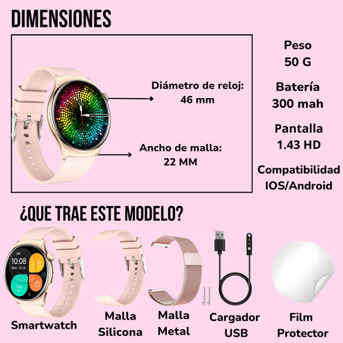 Reloj Digital Mujer Inteligente Smartwachh Mujer Elegante Rosa Milanese Qx10 Rosa Doble Malla Film Rosa