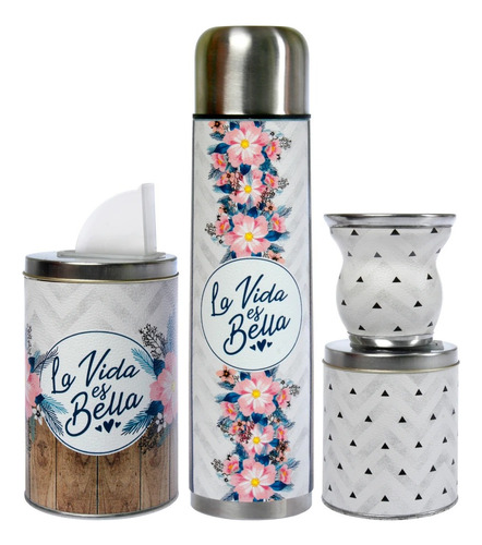 Set Matero Bolsito Mate, Azucarera, Yerbera La Vida Es Bella