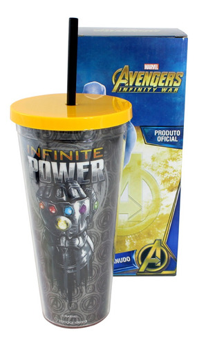 Copo Com Canudo Avengers Infinite Power 650ml Metalizado