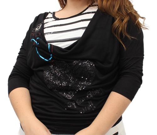 Imagen 2 de 7 de Remera Desigual Print Doble Rayada Lentejuelas Original 100%