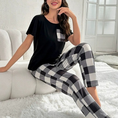 Pijama De Manga Corta A Cuadros Estampado A La Moda