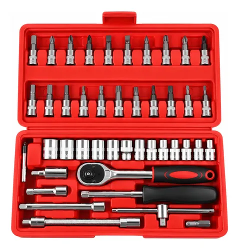 Kit Ferramentas 46 Peças Catraca Soquetes Chaves Carro Casa Vermelho