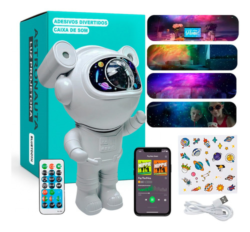 Luminária Projetor Noturno Robô Astronauta Bluetooth Som