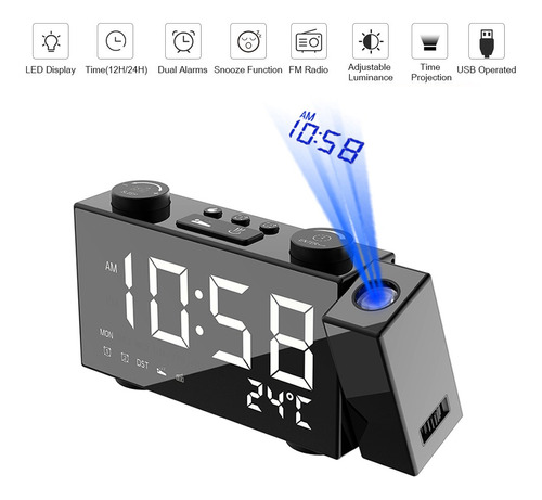 Reloj Despertador Digital Con Proyector Y Radio Fm 6 In