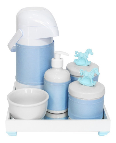 Kit Higiene Bandeja Porcelana Garrafa Bebê Urso Ursinho Azul Cor Cavalinho