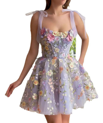 Vestido De Encaje Bordado Con Flores Tridimensionales