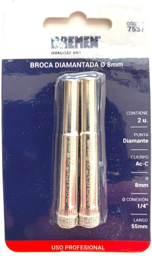 Broca Diamantada Porcelanato Bremen 8 Mm 7537 X 2 Unidad Dgm