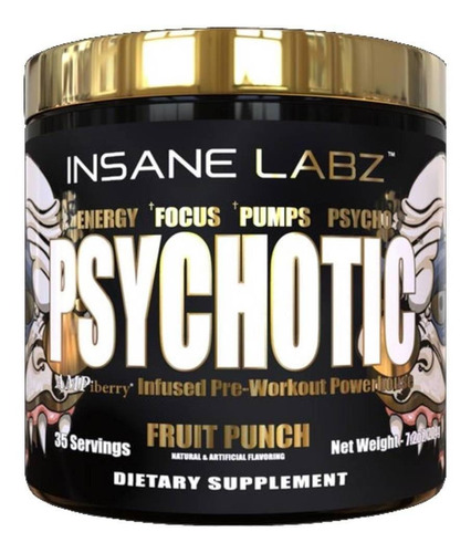 Suplemento en polvo Insane Labz  Psychotic Gold cafeína sabor puñetaso azul en pote de 203g