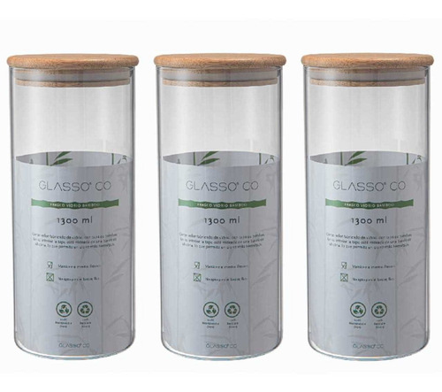 X3 Frasco Contenedor 1300ml Bamboo Hermético Glasso Vidrio 