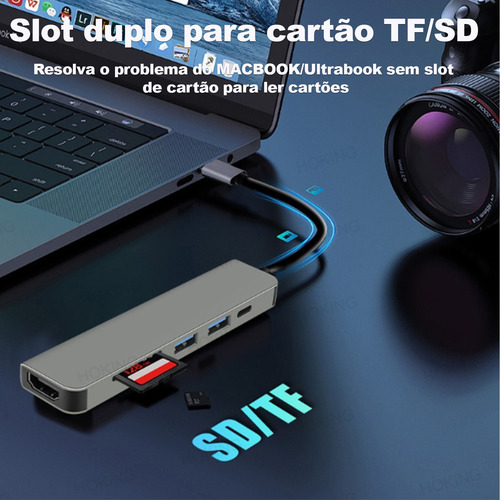 Adaptador Usb 3.0 Hub Tipo C 6 Em 1 Hdmi 4k Micro Sd Tf