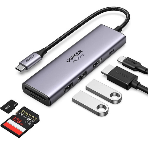 Hub Usb Tipo-c 6 Em 1 Hdmi 4k 60hz Cartão Sd 100w Pd Otg Dex