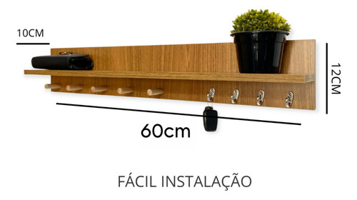 Porta Chaves Parede Pendurador Cabideiro Com Prateleira 60cm Cor Freijó