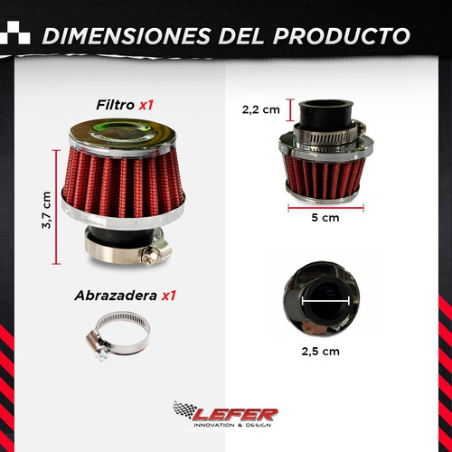 Imagen 3 de 9 de Filtro Venteo Deportivo Auto Conico De Aire Moto Rojo 25mm