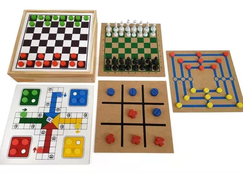 Jogo 5 Em 1 Dama-Dominó-Trilha-Velha-Ludo - Alegria Brinquedos