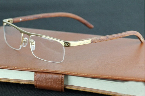 Lentes Cartier 140 Marco Metal Varillas Madera Gold Color