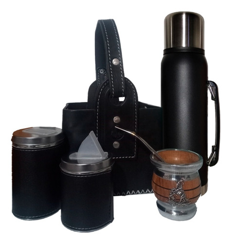 Set Matero Canasta Uruguaya Cuero Termo 1,2 L  Mate Madera