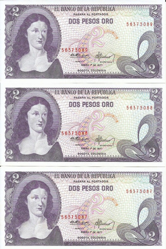 Colombia Trío Números Consecutivos, 2 Pesos 1 Enero 1977