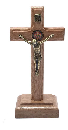 Crucifixo De Mesa Pequeno Madeira Cristo São Bento Ov 10 Cm