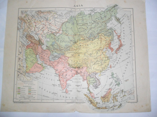 Antiguo Mapa Plano Asia Jose Anesi Agostini Novara Años 30