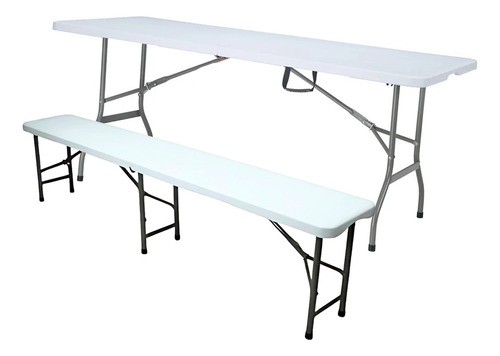 Kit Mesa E Banco Dobrável Maleta Picnic Camping 1,80m Ntk Cor Branco