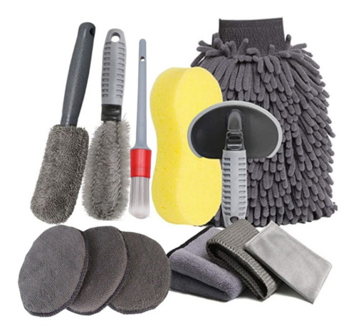 Kit Lavado Secado Auto Paños Mic Esponja Cepillo Guante 12pc