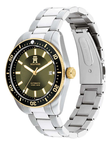 Reloj Tommy Hilfiger Th85 Para Caballero 1792155 Correa Gris Bisel Negro Fondo Verde Musgo