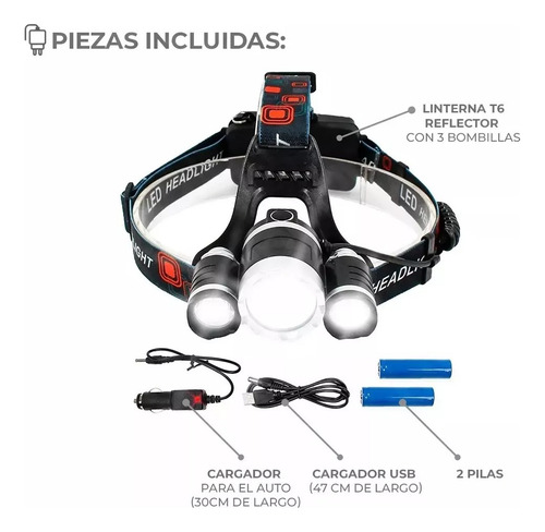 Linterna Frontal Minero Led Recargable 3x Cree T6 4 Modos