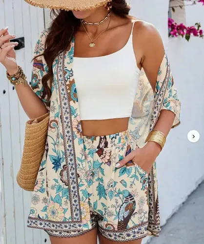 Conjunto De Camisa E Shorts Quimono Feminino Estampado
