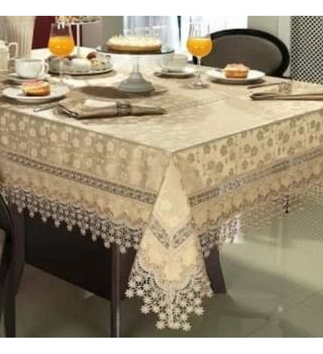 Toalha De Mesa De Renda Guipir Mesa De 6 Lugares Retagular Cor Bege Bordado Renda Guipi