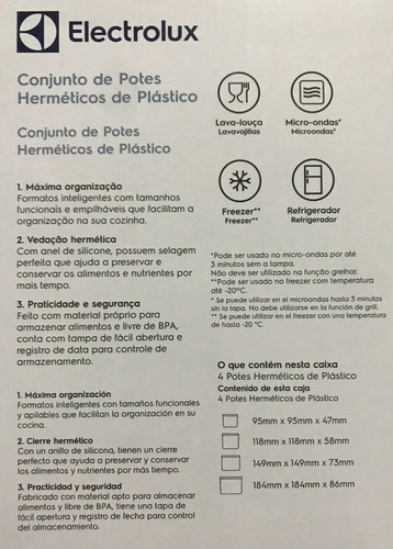 Imagem 5 de 5 de Kit De 4 Potes Herméticos Quadrados De Plástico - Electrolux