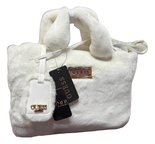 Bolsa Tote Guess Color Crema En Peluche Para Dama, Practica Crema Lisa Oro Crema
